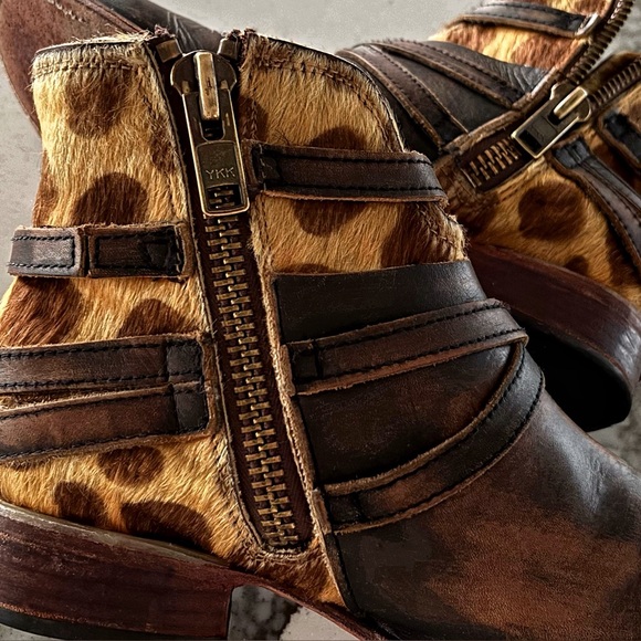 FREEBIRD 🤎 Belfast Distressed Brown All Leather Leopard Calf Hair Ankle Booties - Picture 2 of 16